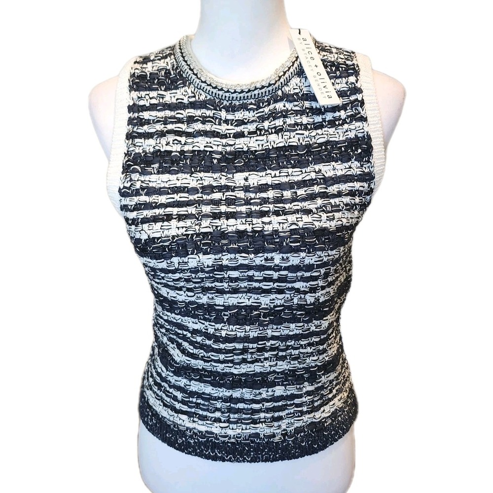Alice + Olivia Reva Stitch Textured Stripe Sweater Tank Chain Womens Medium NEW